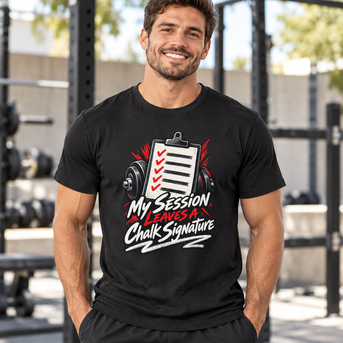 Male lifestyle mockup — my session leaves a chalk signature
