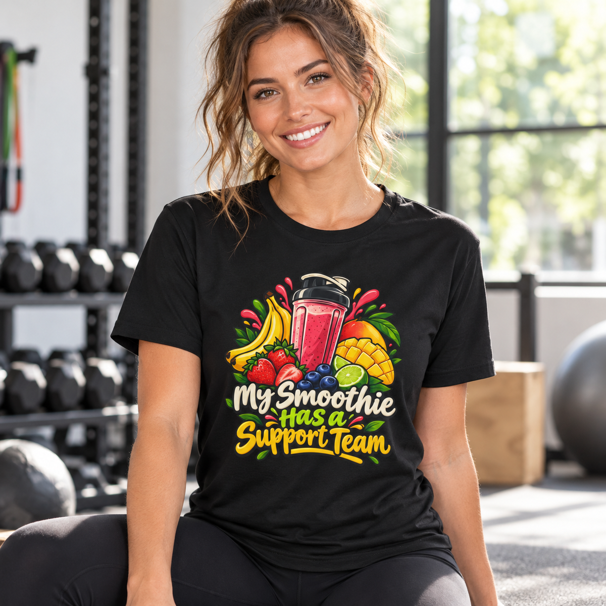 Female lifestyle mockup — my smoothie has a support team