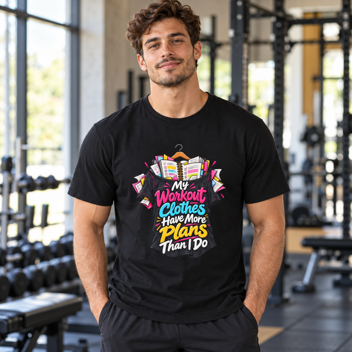 Male lifestyle mockup — my workout clothes have more plans than i do