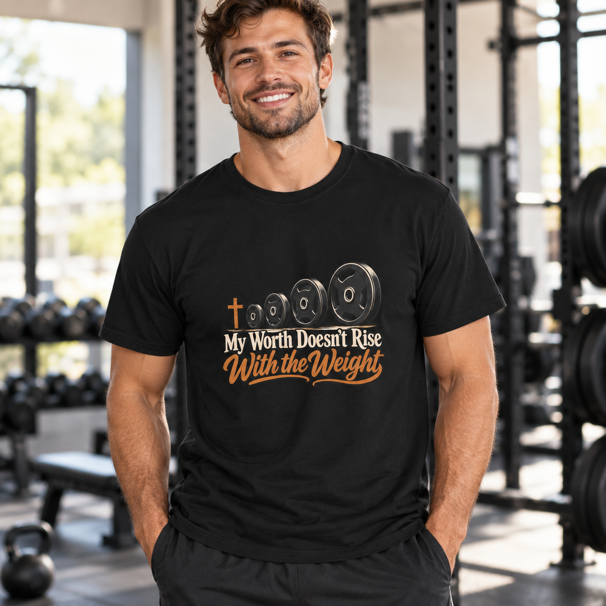 Female lifestyle mockup — my worth doesn t rise with the weight