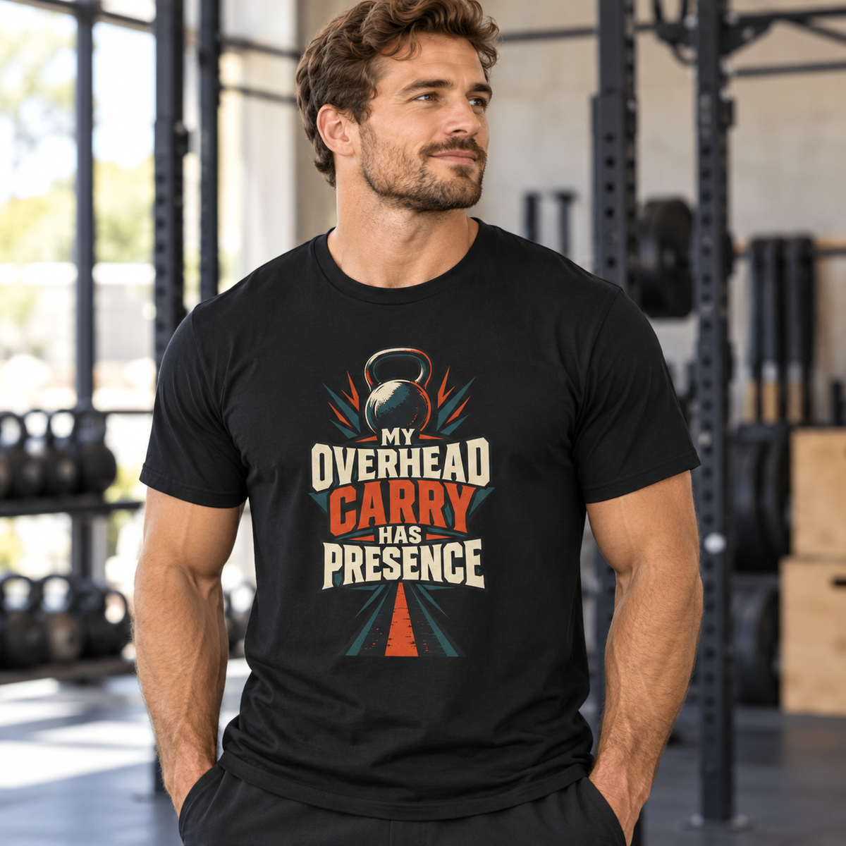 Male lifestyle mockup — overhead carry
