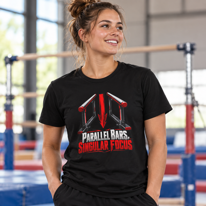 Female lifestyle mockup — Parallel Bars Singular Focus T-Shirt