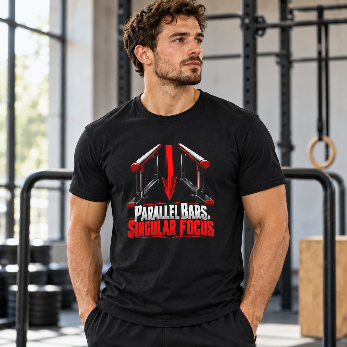 Male lifestyle mockup — Parallel Bars Singular Focus T-Shirt