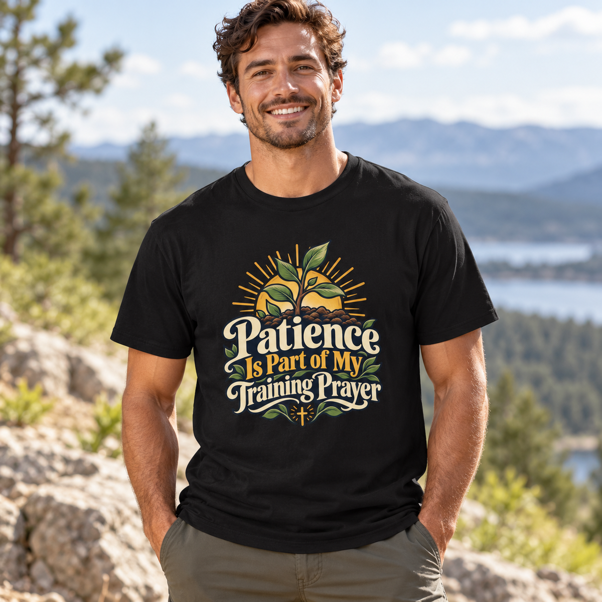 Male lifestyle mockup — patience is part of my training prayer