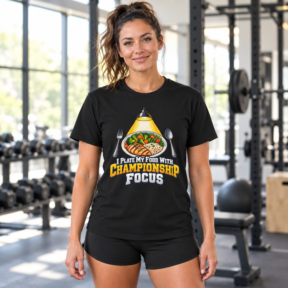 Female lifestyle mockup — I Plate My Food with Championship Focus T-Shirt