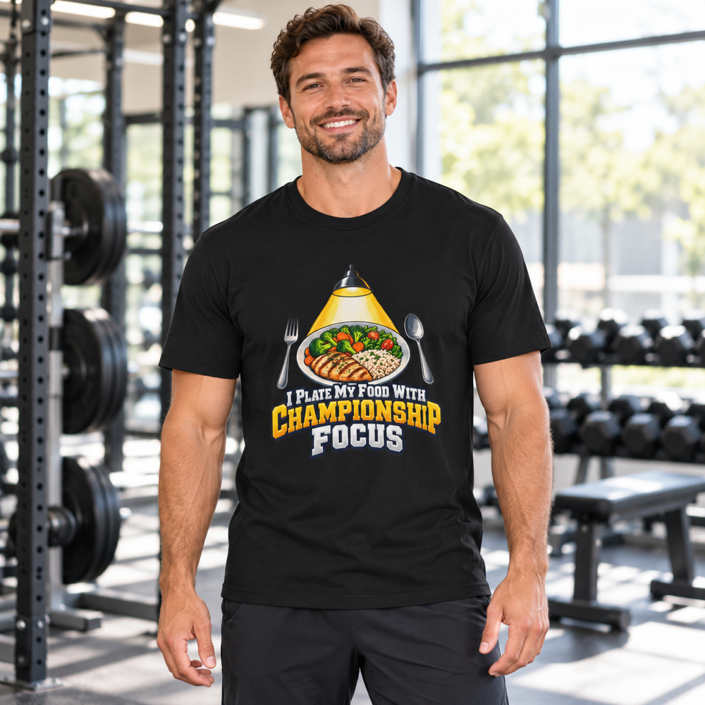 Male lifestyle mockup — I Plate My Food with Championship Focus T-Shirt