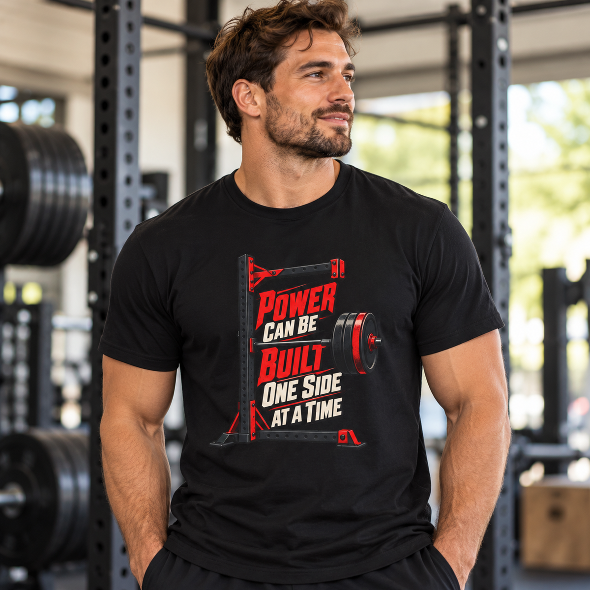 Male lifestyle mockup — Power Can Be Built One Side at a Time T-Shirt