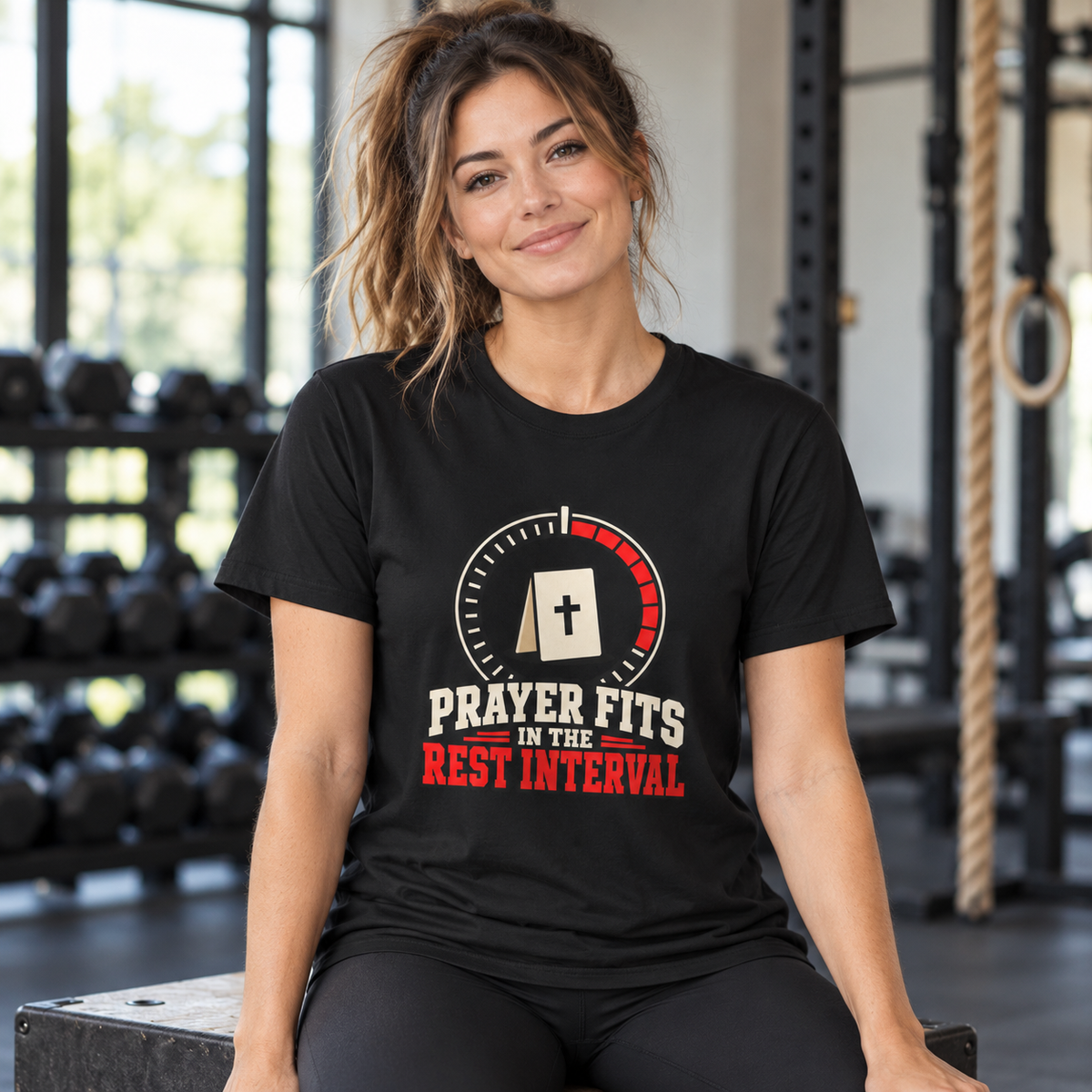 Female lifestyle mockup — prayer fits in the rest interval