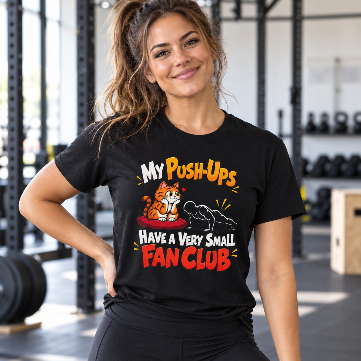 Female lifestyle mockup — pushups fan club