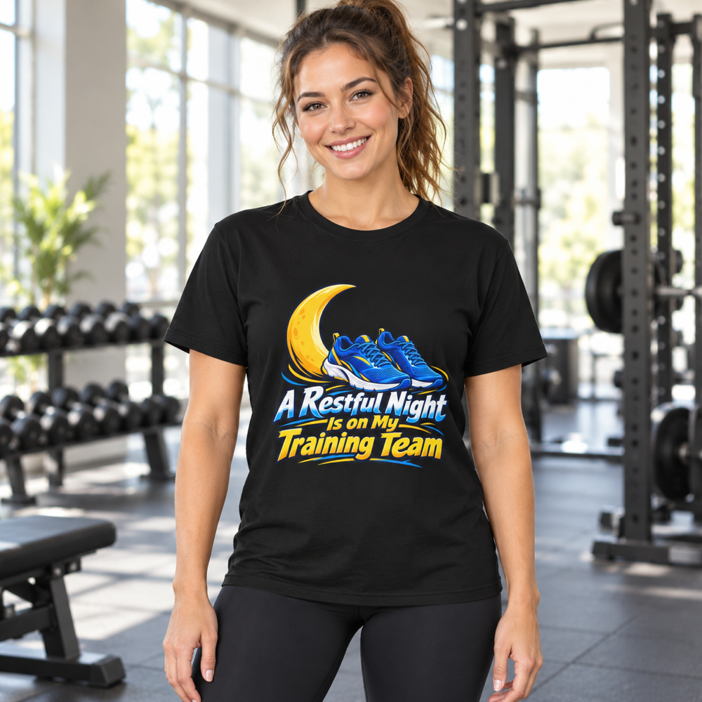 Female lifestyle mockup — A Restful Night Is on My Training Team T-Shirt