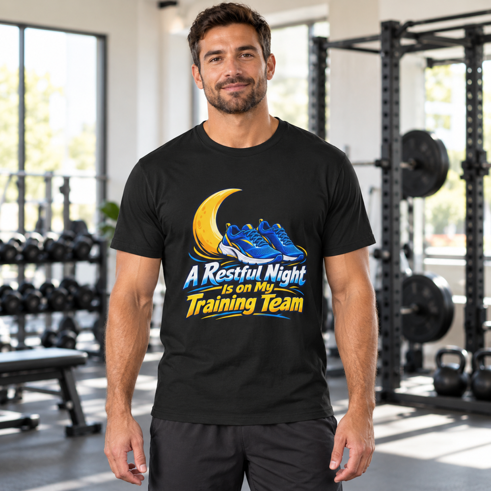 Male lifestyle mockup — A Restful Night Is on My Training Team T-Shirt