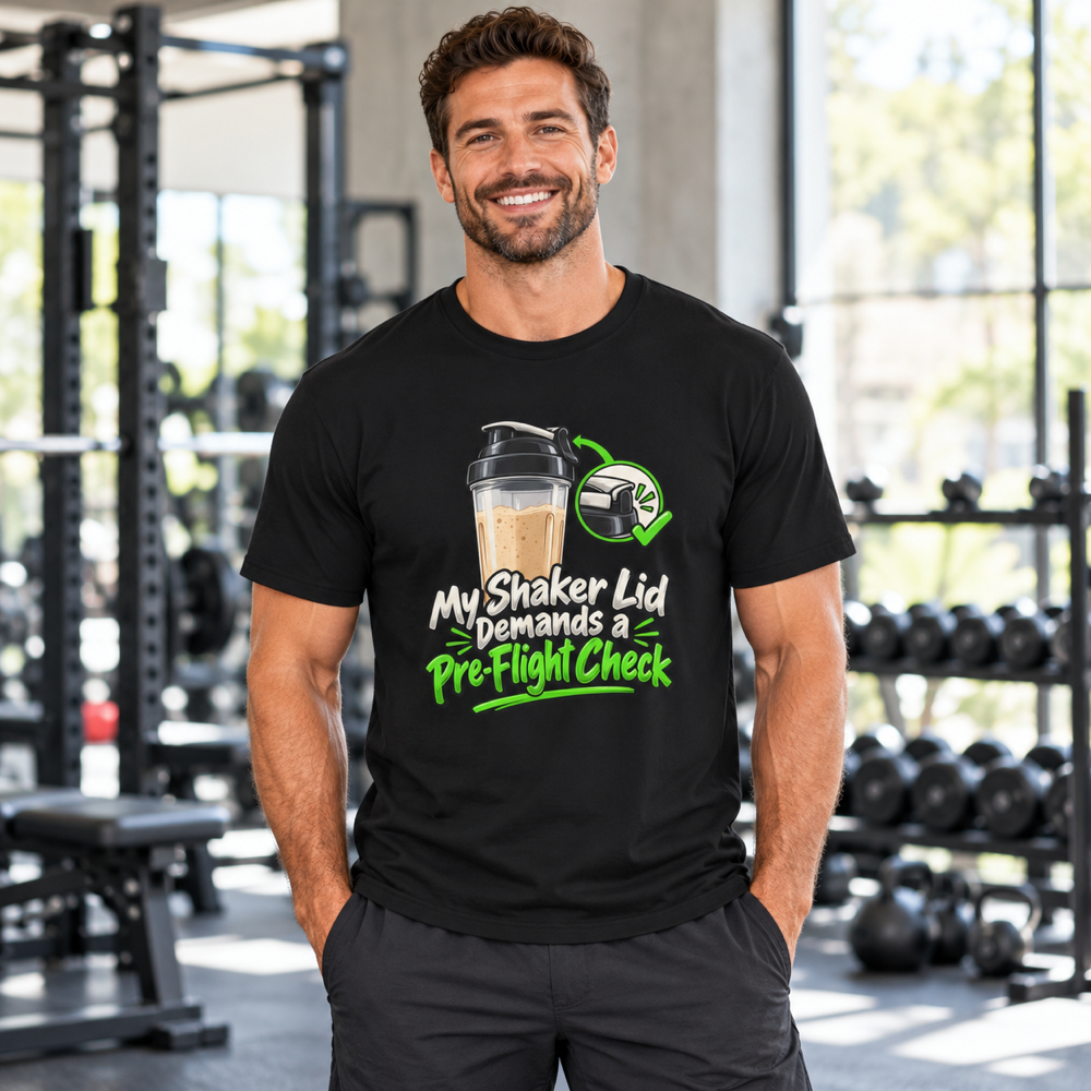 Male lifestyle mockup — My Shaker Lid Demands a Pre-Flight Check T-Shirt