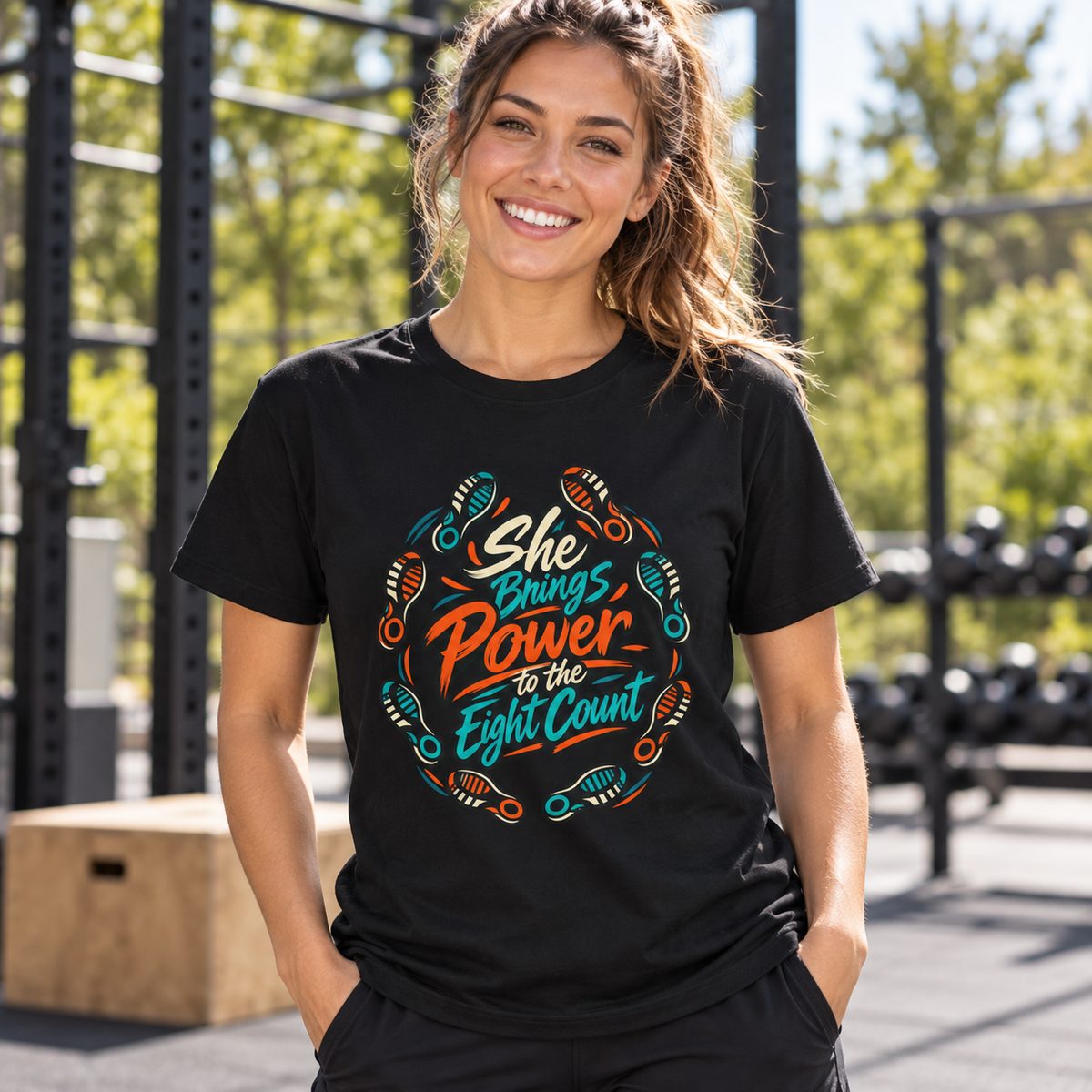 Female lifestyle mockup — she brings power to the eight count