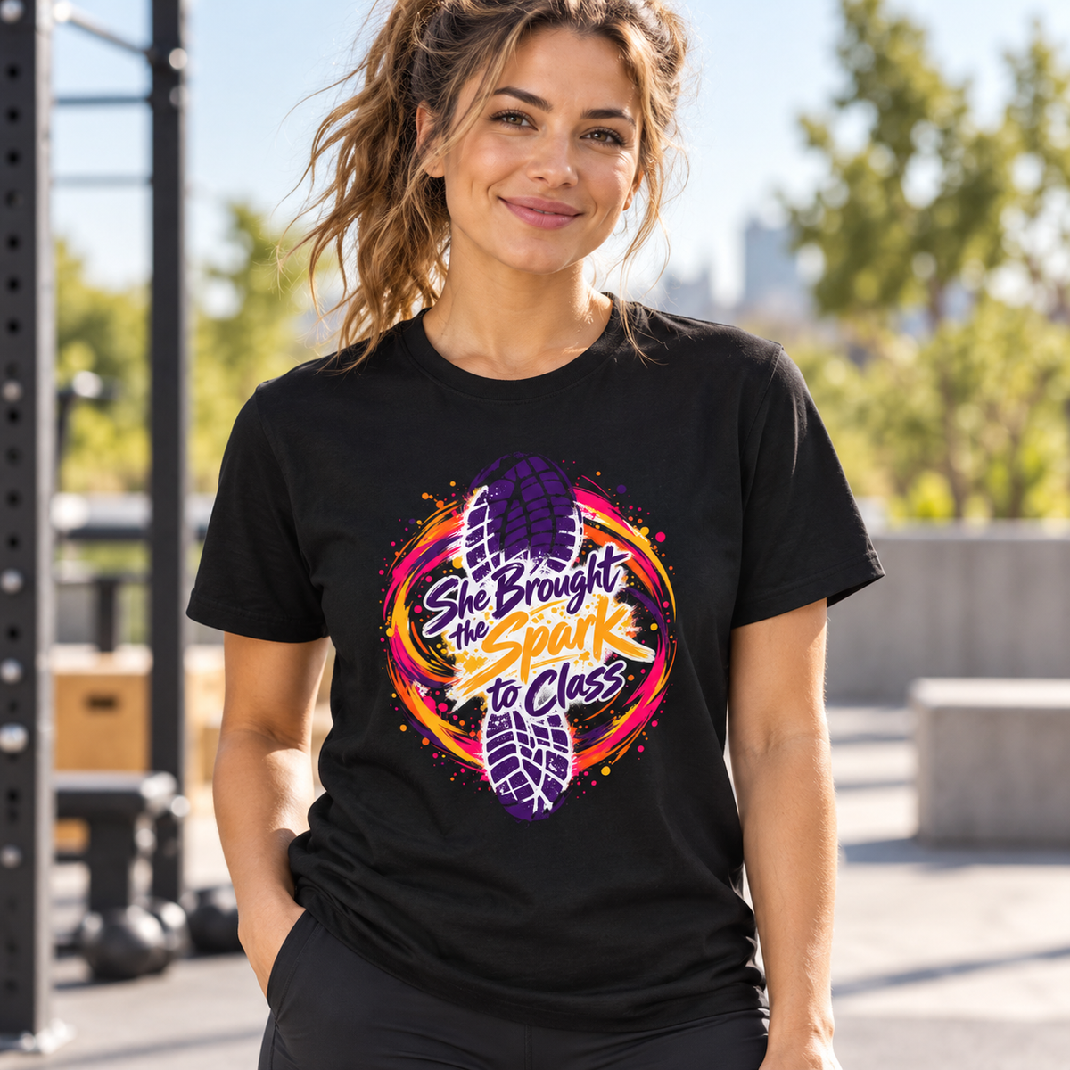 Female lifestyle mockup — she brought the spark to class