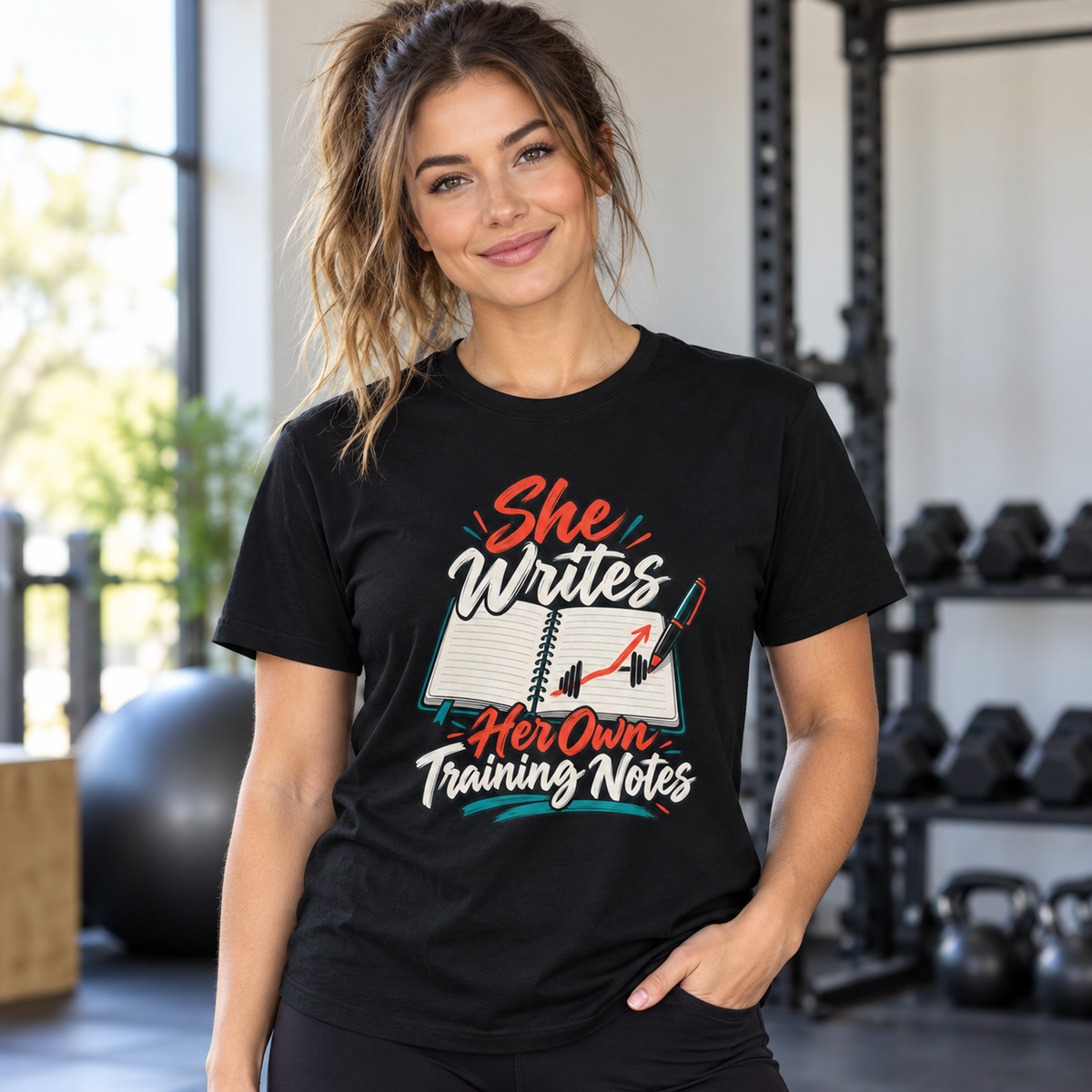 Female lifestyle mockup — she writes her own training notes