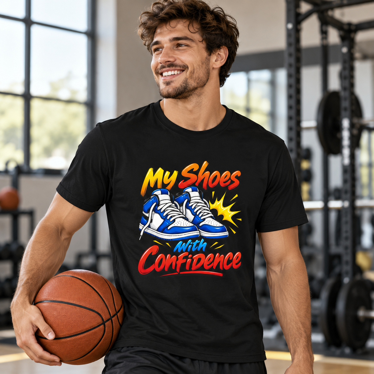 Male lifestyle mockup — My Shoes Squeak with Confidence T-Shirt