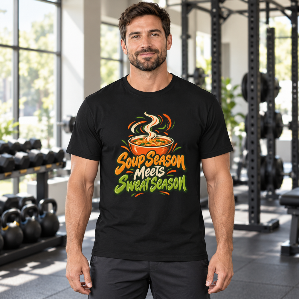 Male lifestyle mockup — Soup Season Meets Sweat Season T-Shirt