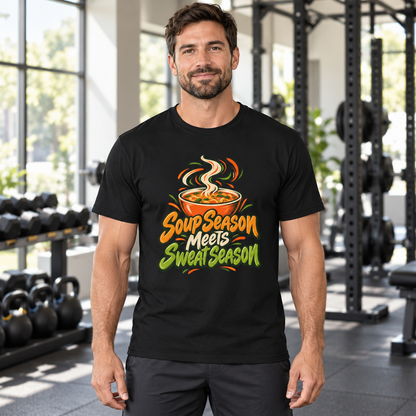 Male lifestyle mockup — Soup Season Meets Sweat Season T-Shirt