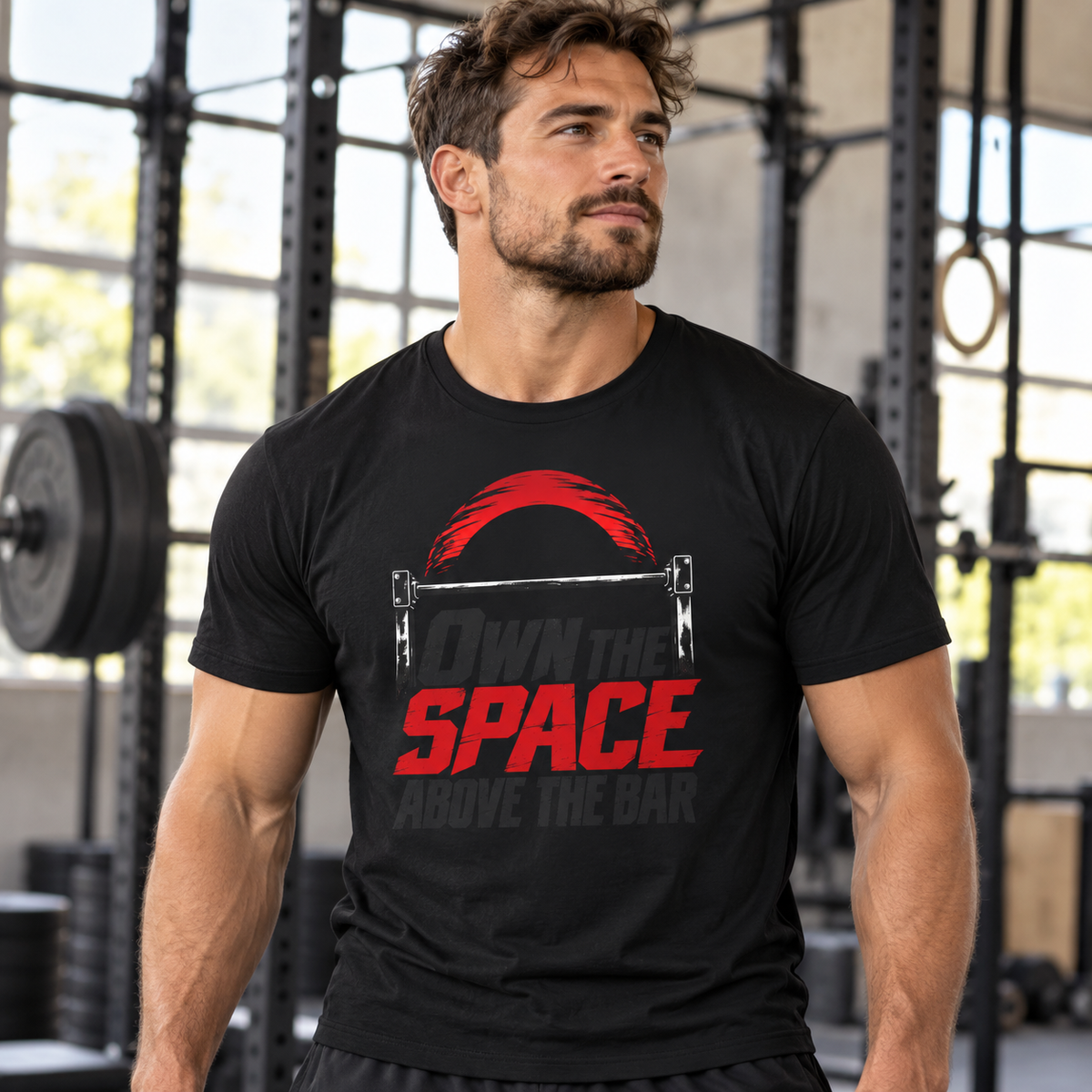 Male lifestyle mockup — Own the Space Above the Bar T-Shirt