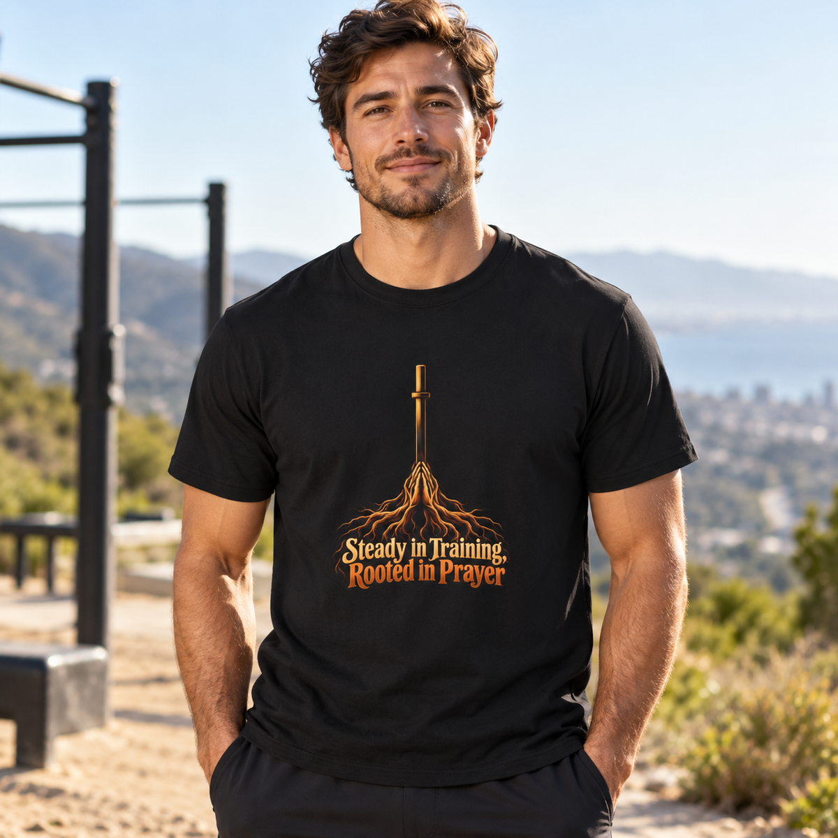 Male lifestyle mockup — steady in training rooted in prayer