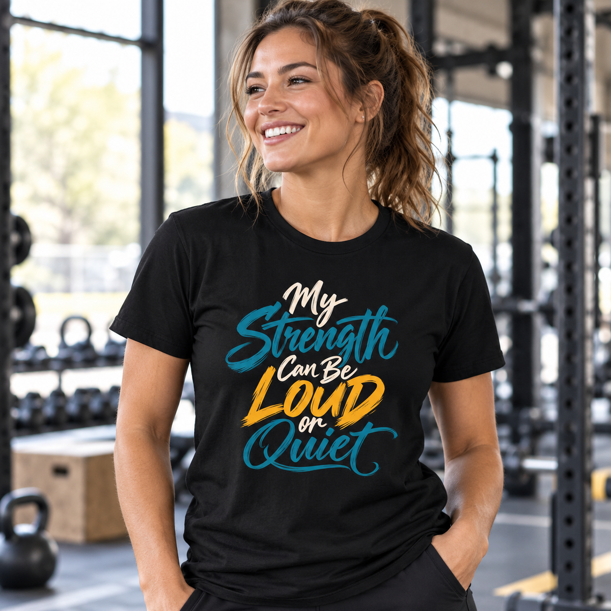 Female lifestyle mockup — My Strength Can Be Loud or Quiet T-Shirt