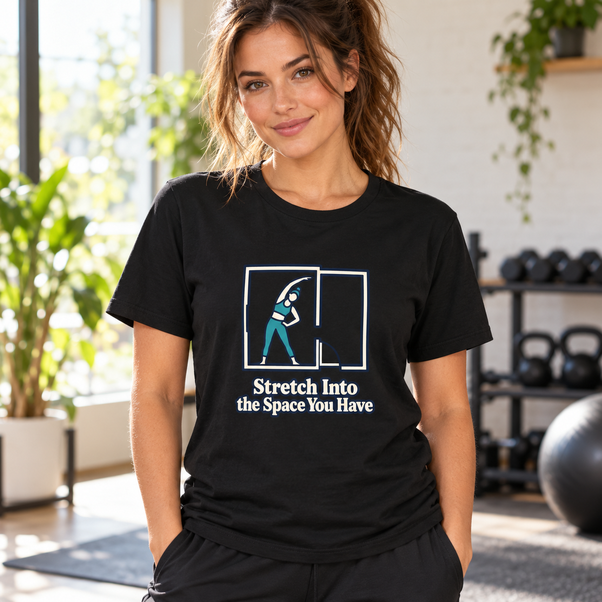 Female lifestyle mockup — stretch into the space you have