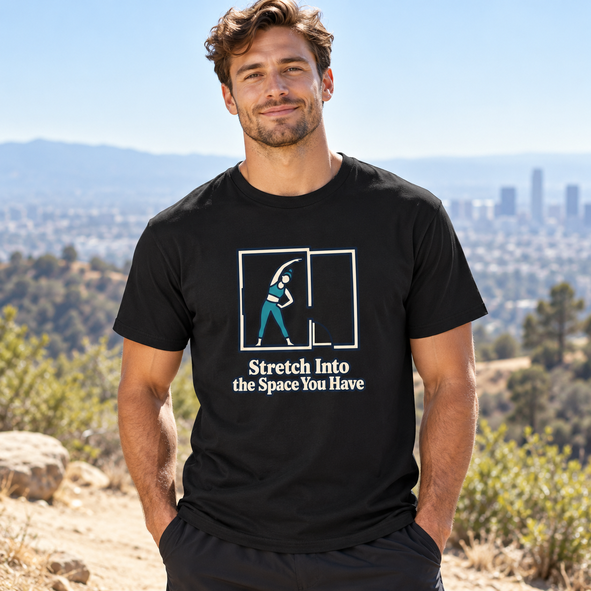 Male lifestyle mockup — stretch into the space you have