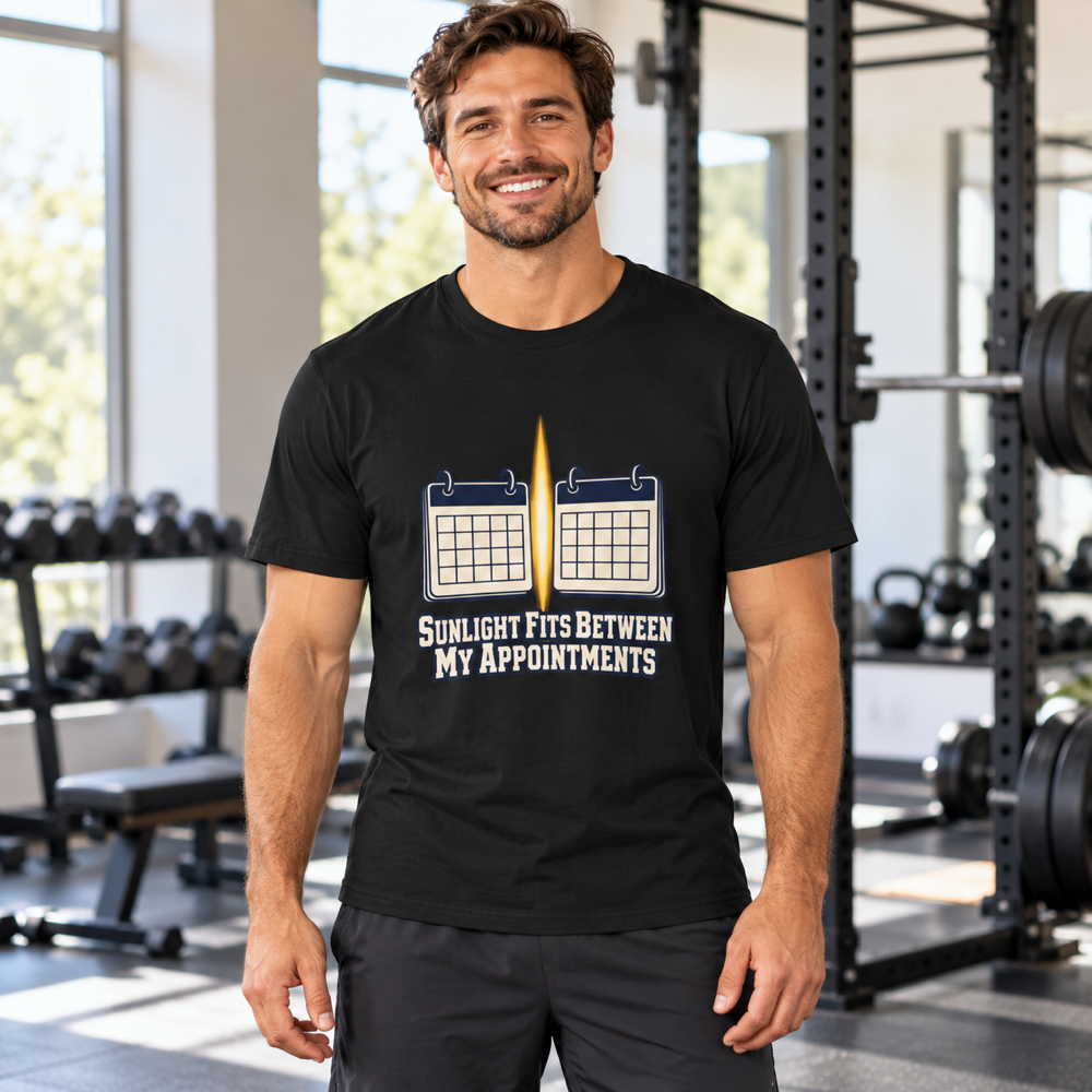 Male lifestyle mockup — Sunlight Fits Between My Appointments T-Shirt