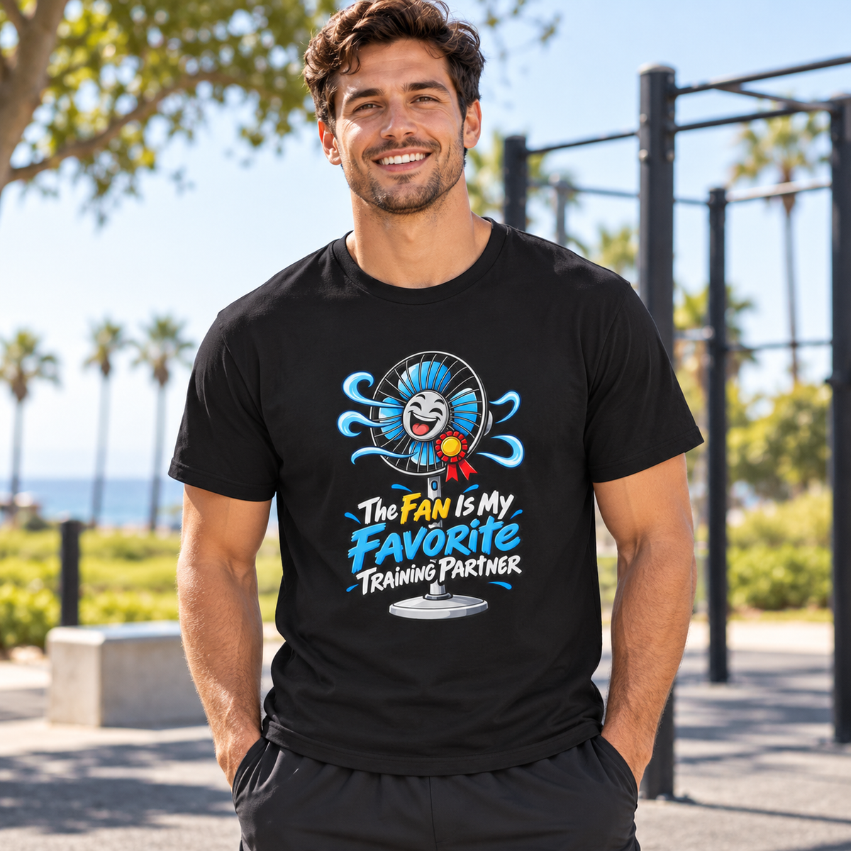 Male lifestyle mockup — the fan is my favorite training partner