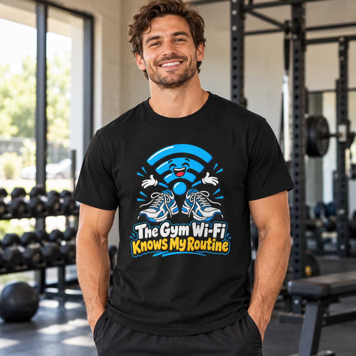 Male lifestyle mockup — the gym wi fi knows my routine
