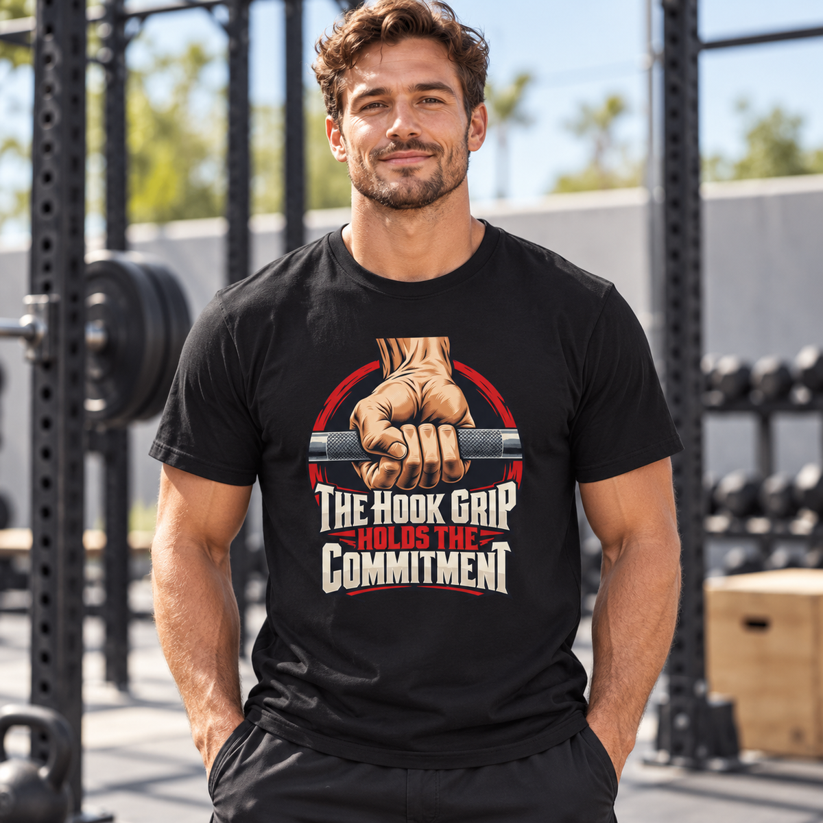 Male lifestyle mockup — the hook grip holds the commitment