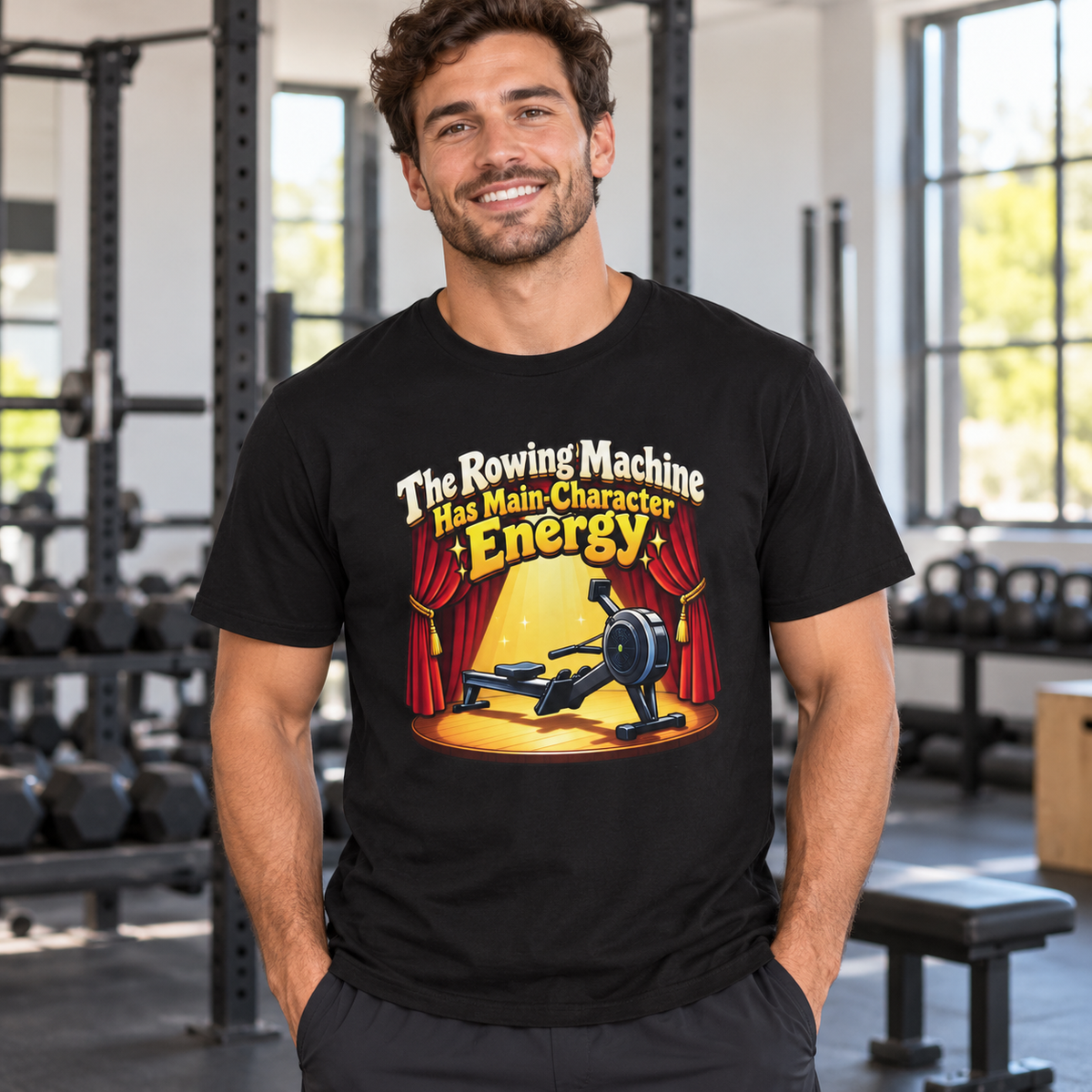 Male lifestyle mockup — the rowing machine has main character energy