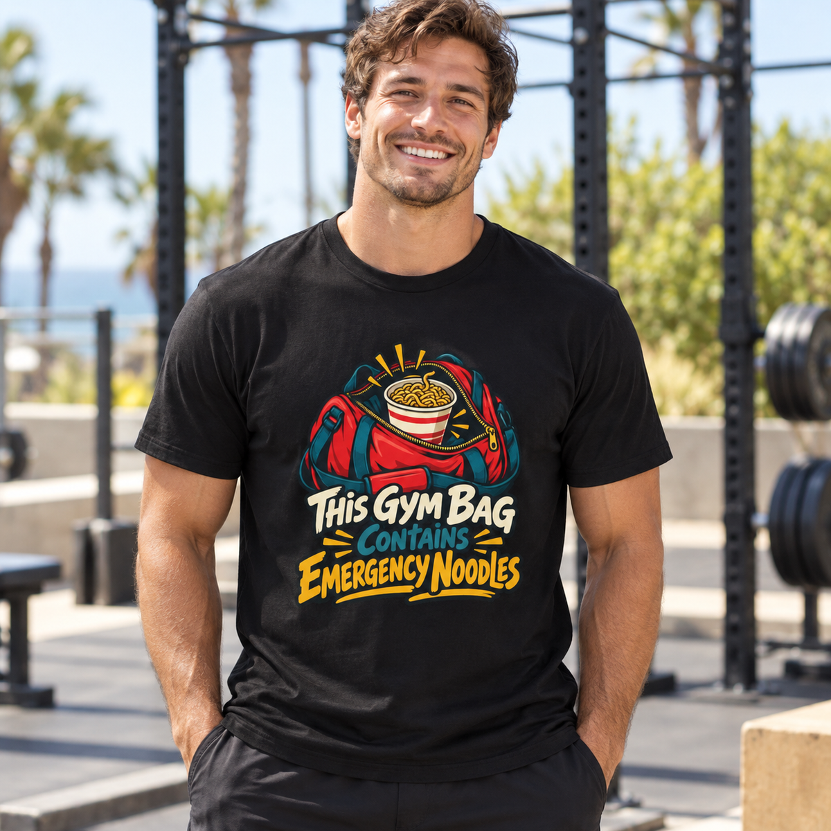 Male lifestyle mockup — this gym bag contains emergency noodles