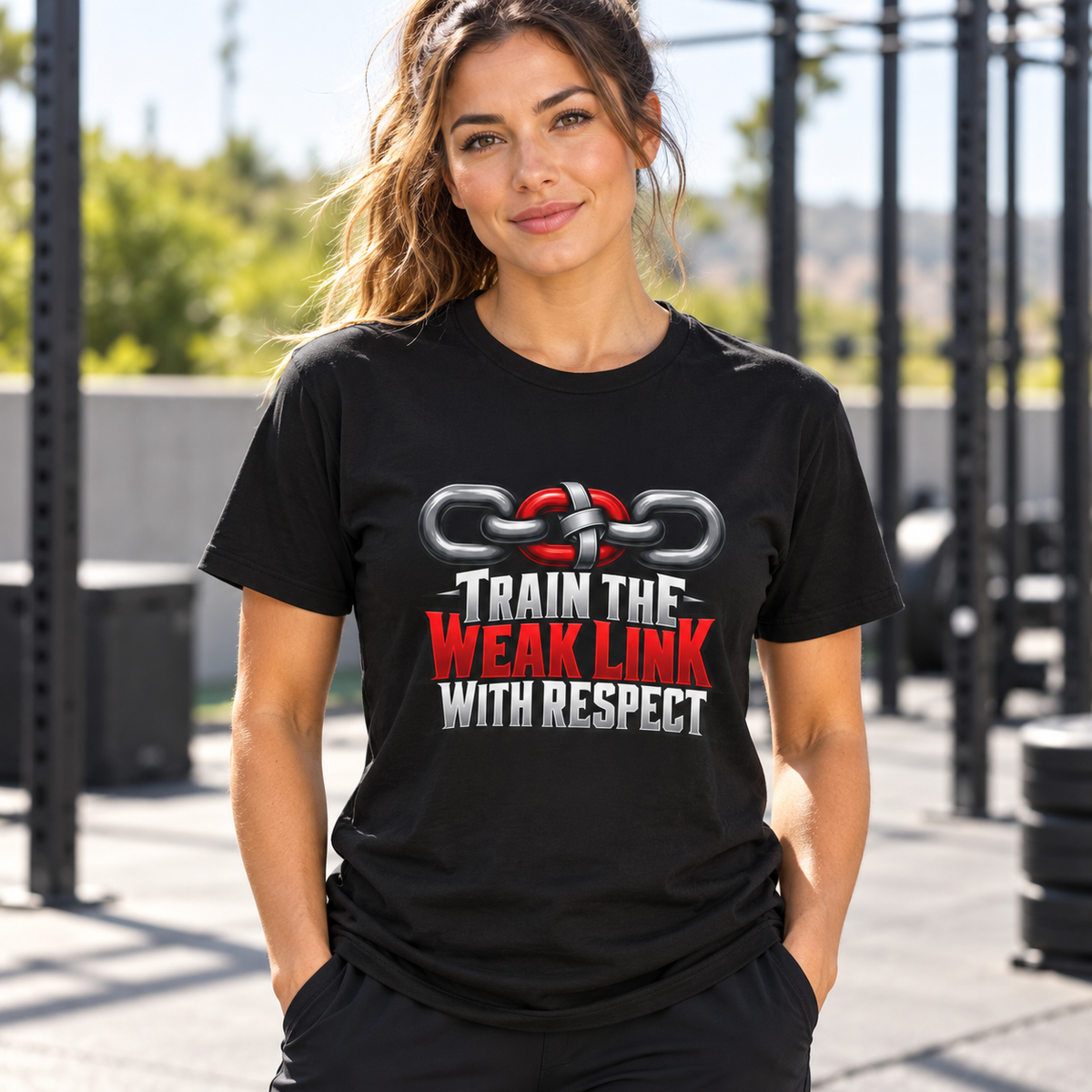 Female lifestyle mockup — train the weak link with respect