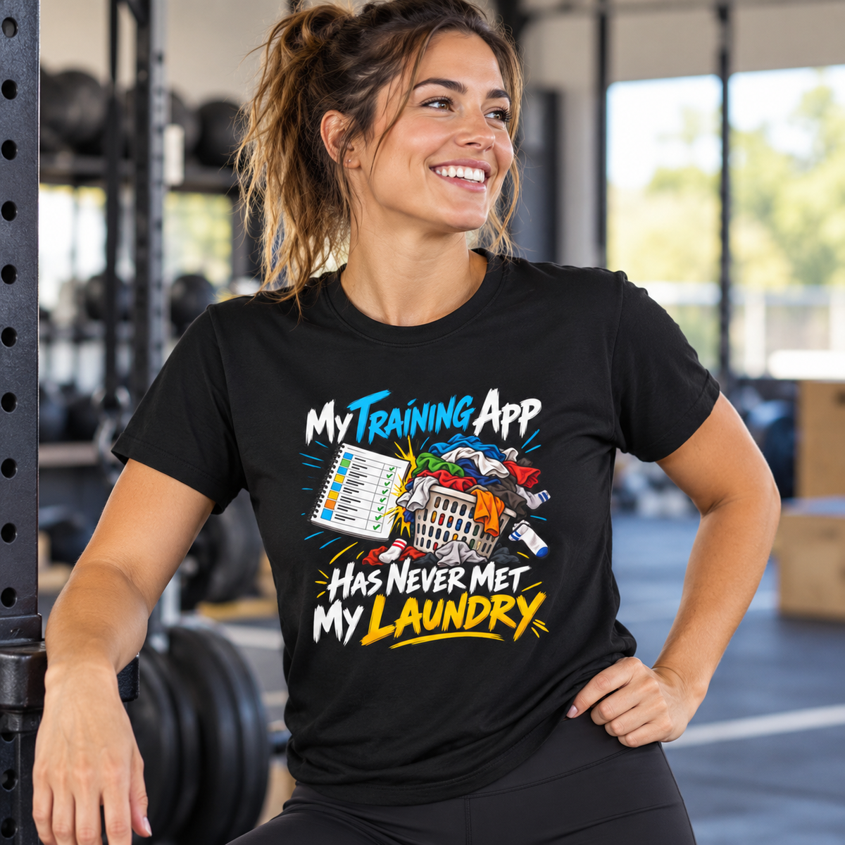 Female lifestyle mockup — My Training App Has Never Met My Laundry T-Shirt