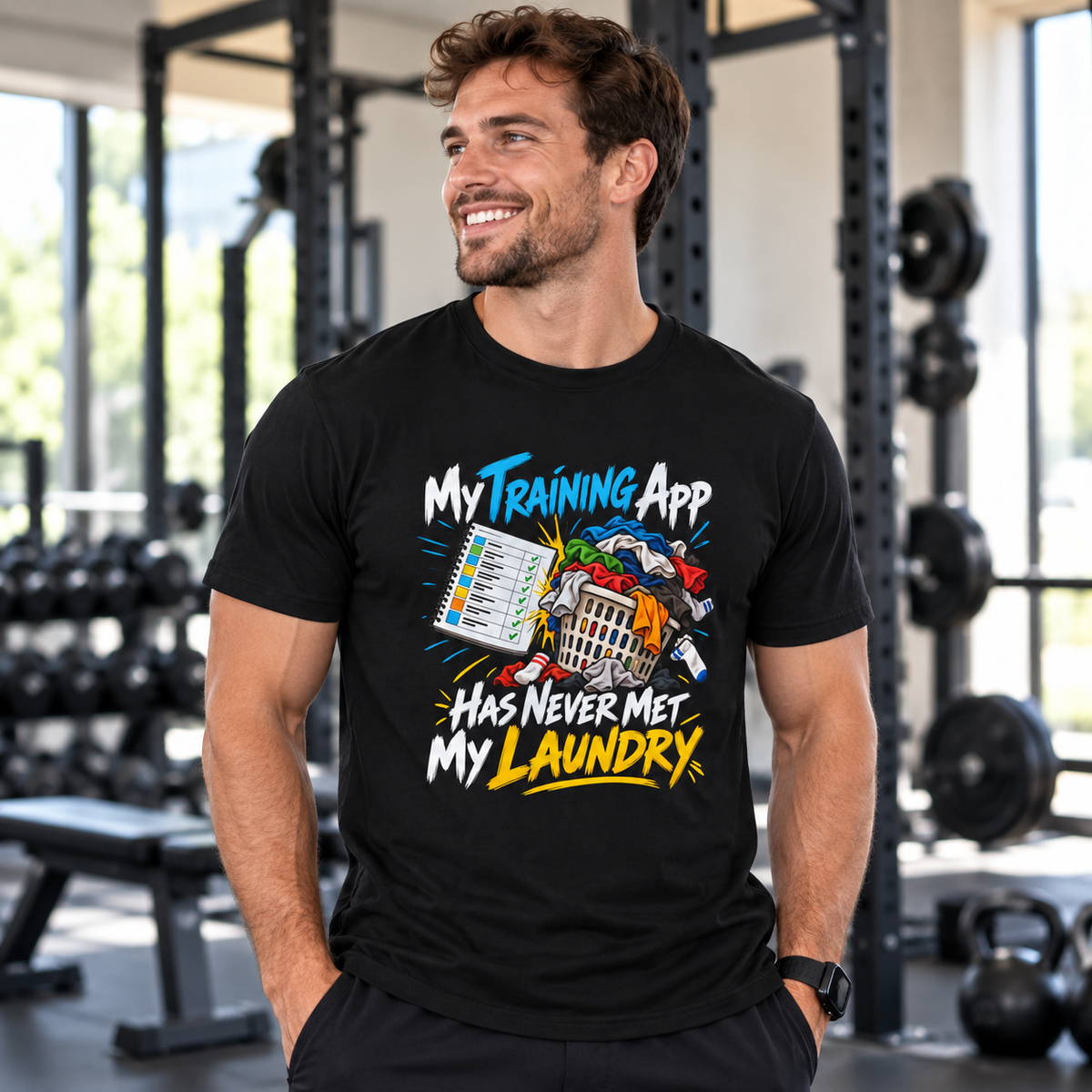 Male lifestyle mockup — My Training App Has Never Met My Laundry T-Shirt