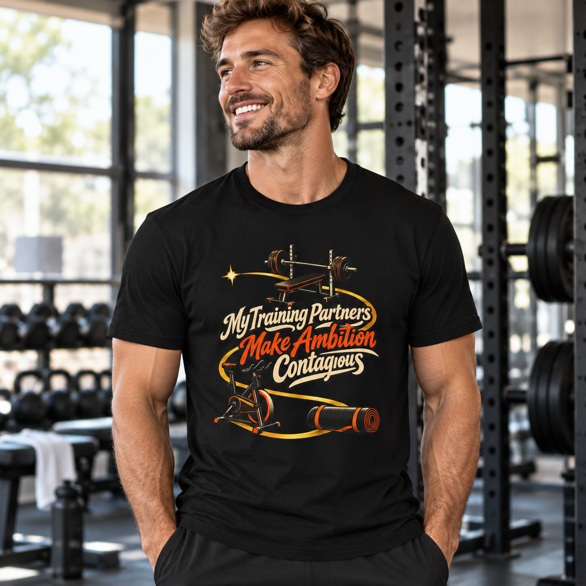 Male lifestyle mockup — My Training Partners Make Ambition Contagious T-Shirt
