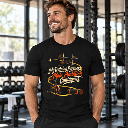 Male lifestyle mockup — My Training Partners Make Ambition Contagious T-Shirt