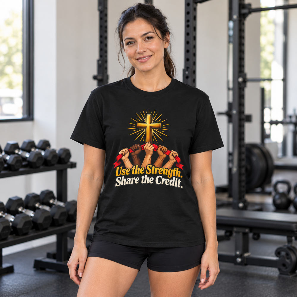 Female lifestyle mockup — Use the Strength Share the Credit T-Shirt