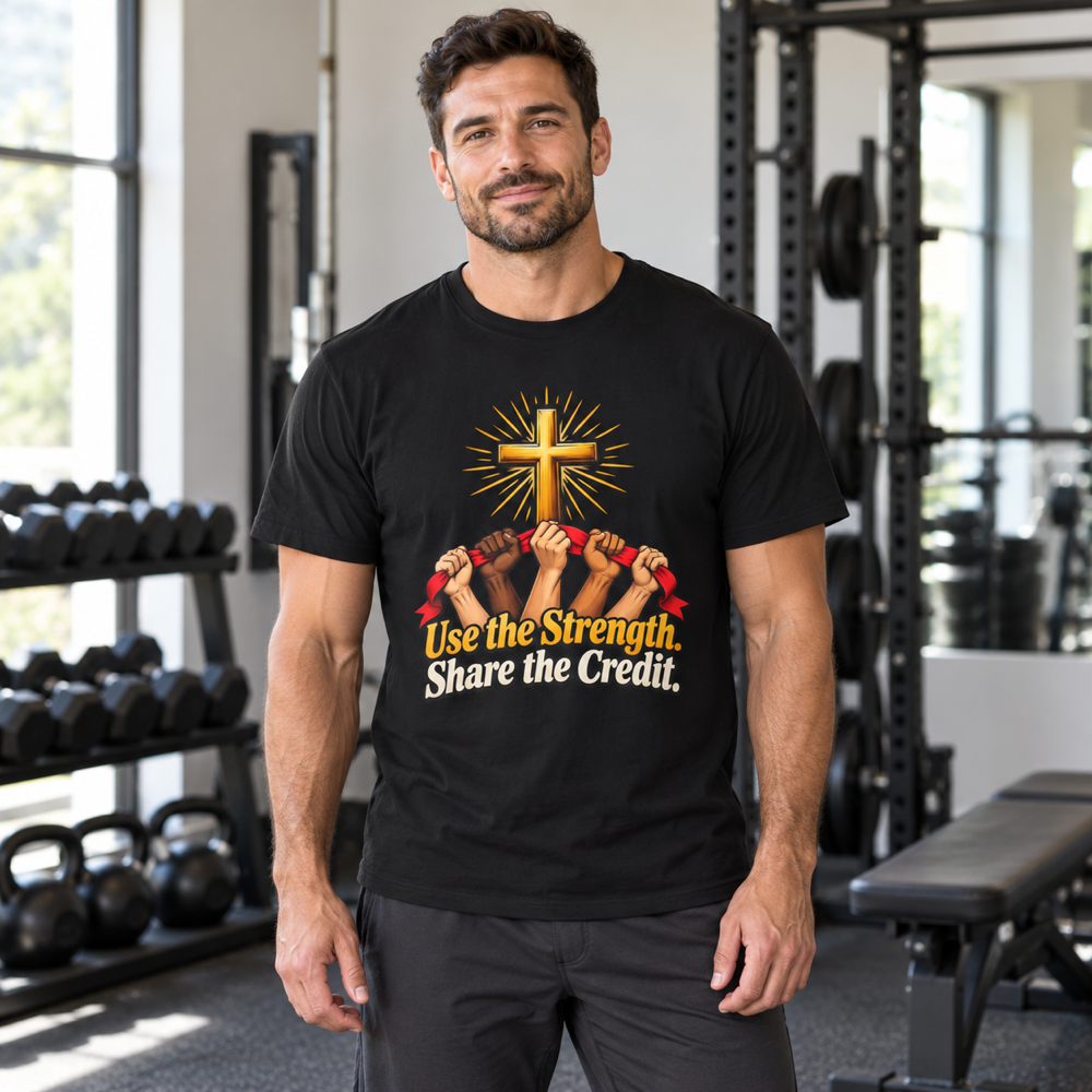 Male lifestyle mockup — Use the Strength Share the Credit T-Shirt