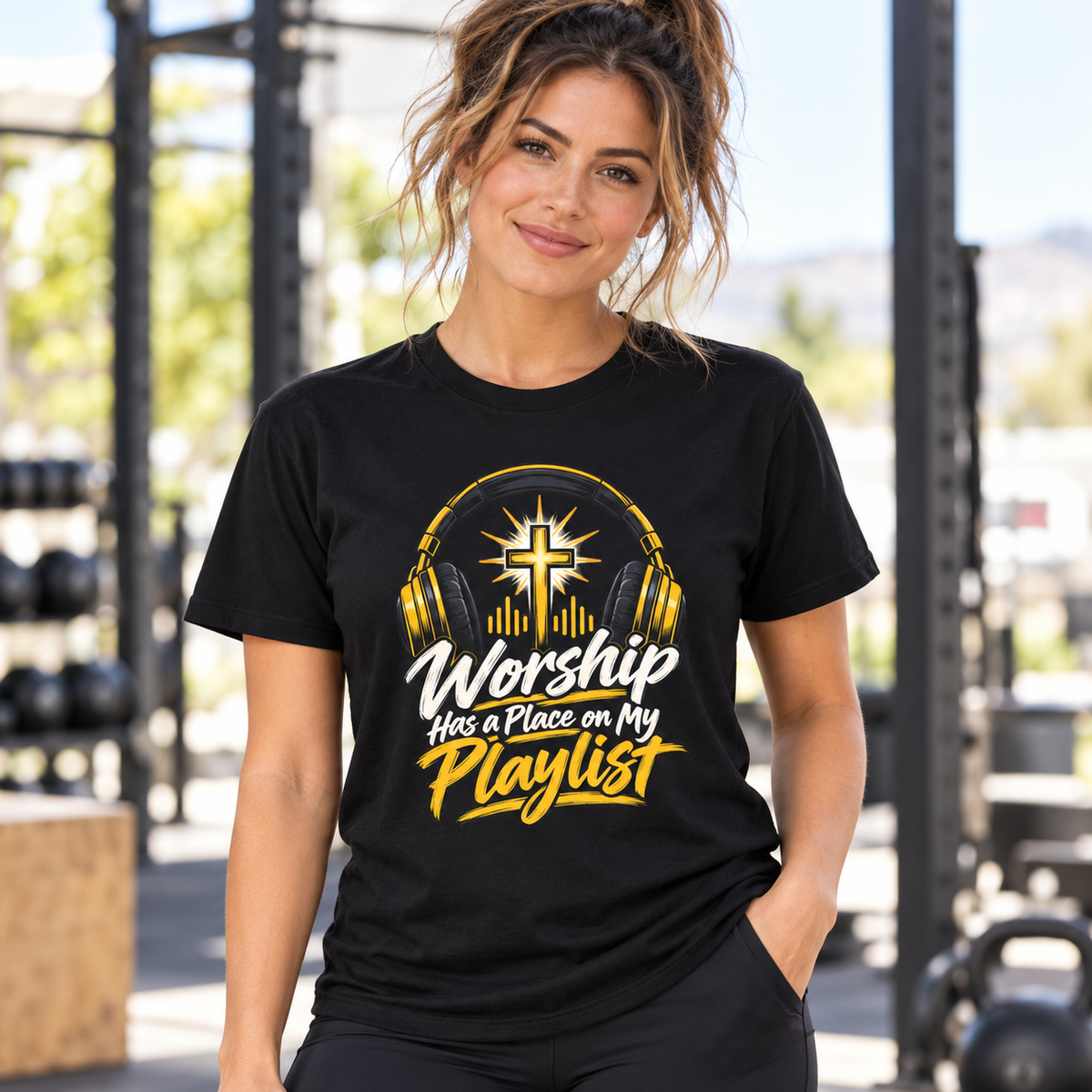 Female lifestyle mockup — worship has a place on my playlist