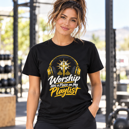 Female lifestyle mockup — worship has a place on my playlist