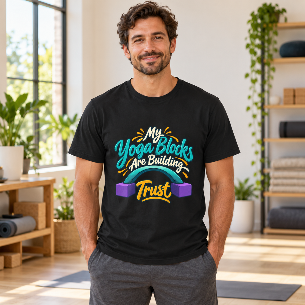 Male lifestyle mockup — My Yoga Blocks Are Building Trust T-Shirt