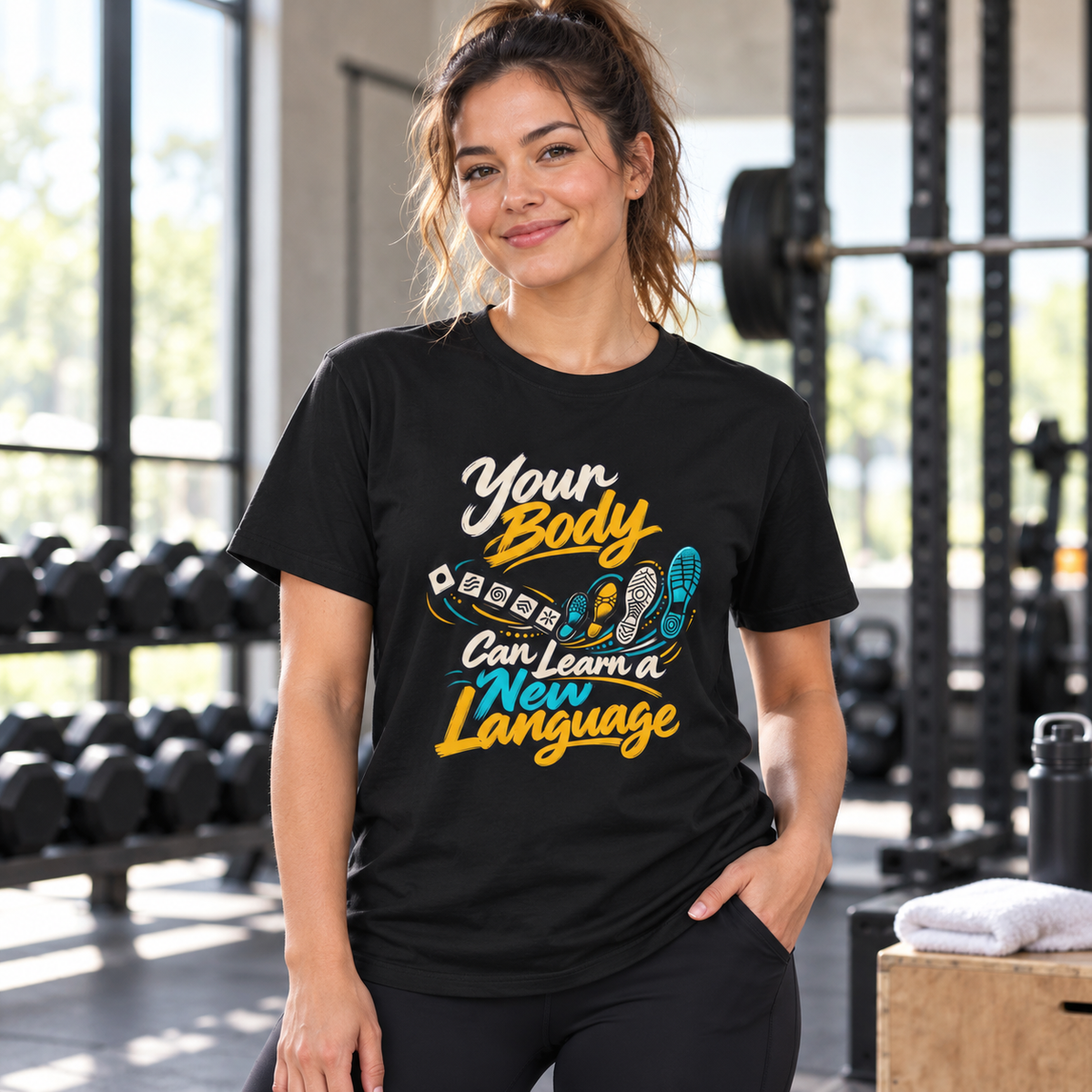 Female lifestyle mockup — your body can learn a new language