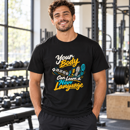 Male lifestyle mockup — your body can learn a new language