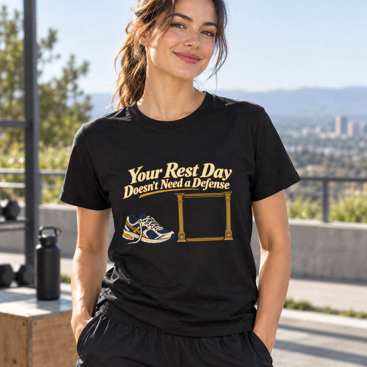 Female lifestyle mockup — your rest day doesnt need a defense