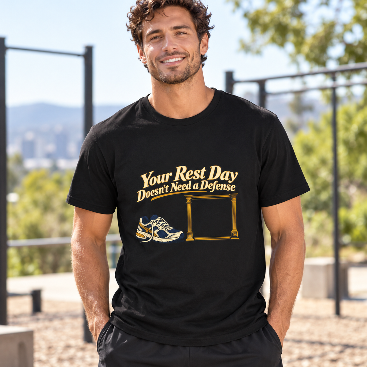 Male lifestyle mockup — your rest day doesnt need a defense