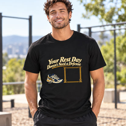 Male lifestyle mockup — your rest day doesnt need a defense